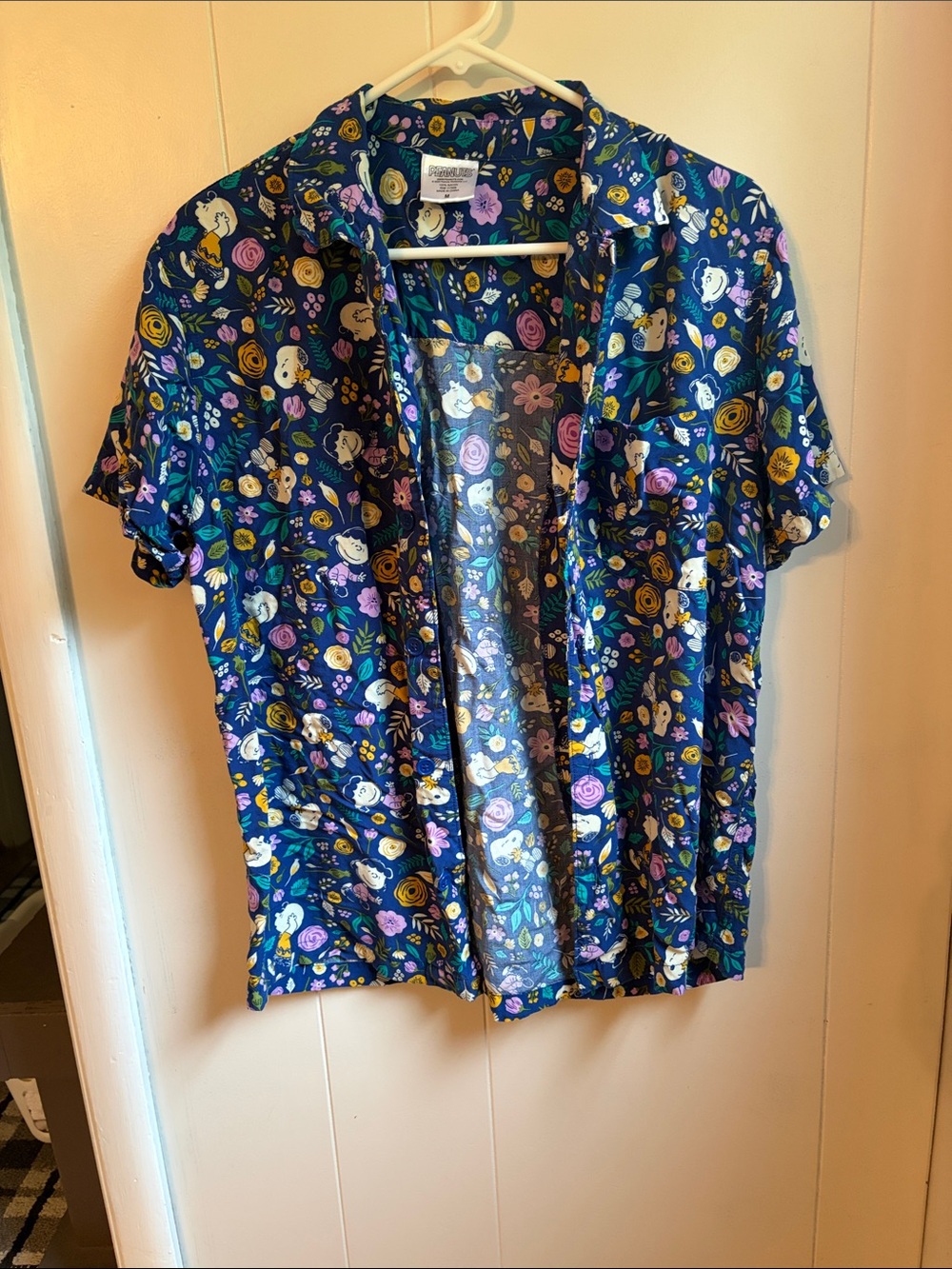 Men’s Floral Button-Up Top - Navy Blue with Flowers and Snoopy